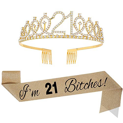 Topfunyy Tiara und Schärpe zum 21. Geburtstag im Set – „I'm 21 Bitches“, glänzende goldene Schärpe, Kristallkrone, Geburtstagsgeschenk für Mädchen, Partyzubehör zum 21. Geburtstag Topfunyy Tiara und Schärpe zum 21. Geburtstag im Set – „I'm 21 Bitches“, glänzende goldene Schärpe, Kristallkrone, Geburtstagsgeschenk für Mädchen, Partyzubehör zum 21. Geburtstag von Topfunyy