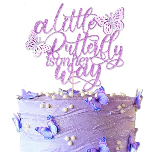 Tortenaufsatz „Ein kleiner Schmetterling ist unterwegs“, lila Schmetterlingsmotiv, ideal für Babyparty, Willkommensparty, Dekorationszubehör für die Gender-Reveal-Party von Topfunyy