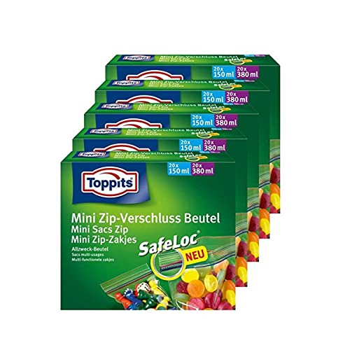 5 x Toppits® Mini Zip - Verschluss Beutel/Allzweck Beutel (20 x 150 ml + 20 x 380 ml/Ziploc Verschluss) von Toppits