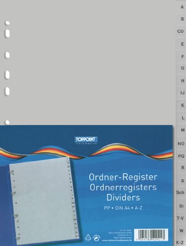 10x Ordner Register DIN A4 von A-Z aus PP grau von Toppoint