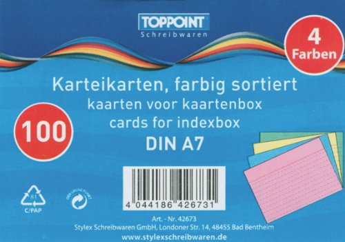 400 Stylex Karteikarten DIN A7 liniert farbig von Toppoint