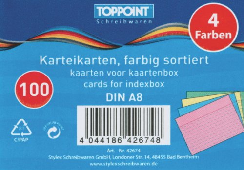500 (5x 100) Stylex Karteikarten DIN A8 liniert 52x74 farbig von Toppoint