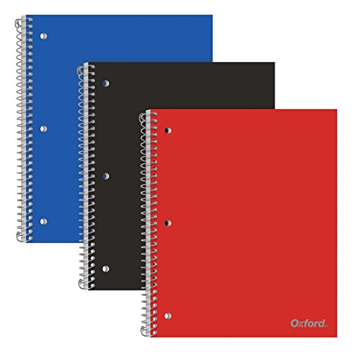 Oxford Tops Spiralnotizbücher, 1 Thema, College liniertes Papier, robuster Kunststoffeinband, 100 Blatt, Trennfach, 3 pro Packung (10390), Rot, Schwarz und Blau von Oxford