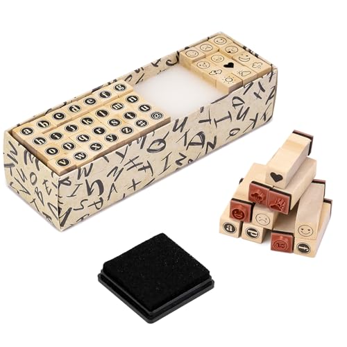 Toptime Buchstaben Stempel - 40 Stück Kleinbuchstaben und Emoticons Mit Stempelkissen, Schwarzer Kreis Design Holzstempel, Alphabet für Scrapbooking, Crafting, Kartenherstellung von Toptime