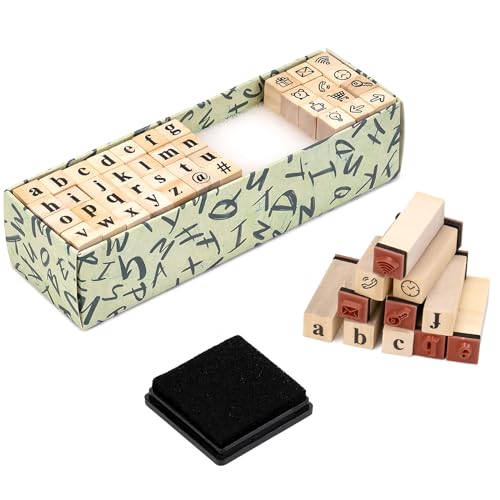 Toptime Buchstaben Stempel, 40 Stück Stempel Set- Kleinbuchstaben und Symbole mit Stempelkissen, Holzstempel mit Aufbewahrungsbox, Alphabet Stempel für Scrapbooking, Journaling, Kartenherstellung von Toptime