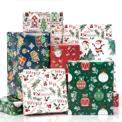 Toptime Geschenkpapier Weihnachten, Niedliche Cartoon Weihnachtspapier mit Schneemann Stechpalme Weihnachtswichtel Muster, 6 Bögen Farbiges Geschenkpapier für Kinder Weihnachtsgeschenke, 70x50cm von Toptime
