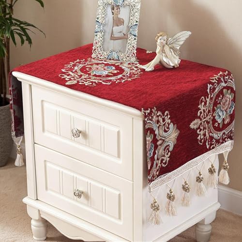 Kleine rechteckige Tischdecke für Nachttisch, Vintage-Blumentischdecke mit Quaste, Chenille-Stoff, knitterfrei, staubdicht, abwischbar, Tischdekoration für Kühlschrank, TV-Schrank, 40 x 90 cm, Rot Kleine rechteckige Tischdecke für Nachttisch, Vintage-Blumentischdecke mit Quaste, Chenille-Stoff, knitterfrei, staubdicht, abwischbar, Tischdekoration für Kühlschrank, TV-Schrank, 40 x 90 cm, Rot von Topwon