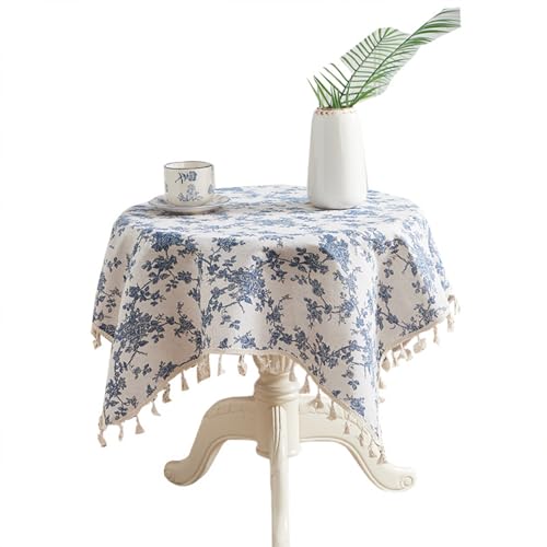 Quadratische Tischdecke mit Blumenmuster für Couchtisch, blaue Blumen, französische Landhaus-Tischdecke mit Vintage-Quasten, Polyester-Baumwoll-Mischgewebe, wasserdicht, abwischbar, Tischdekoration Quadratische Tischdecke mit Blumenmuster für Couchtisch, blaue Blumen, französische Landhaus-Tischdecke mit Vintage-Quasten, Polyester-Baumwoll-Mischgewebe, wasserdicht, abwischbar, Tischdekoration von Topwon