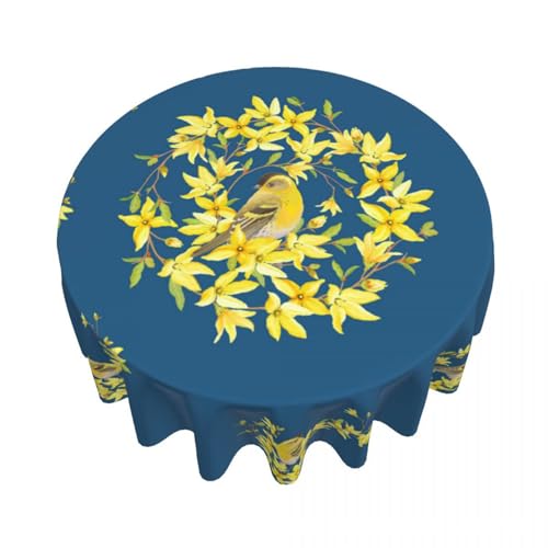 Topwon Tischdecke mit Blumenmuster für runden Tisch, blaue französische Toile-Tischdecke mit gelben Vögeln und Blumen, Polyestergewebe, wasserdicht, abwischbar, Kreis, dekorative Tischdecke für von Topwon