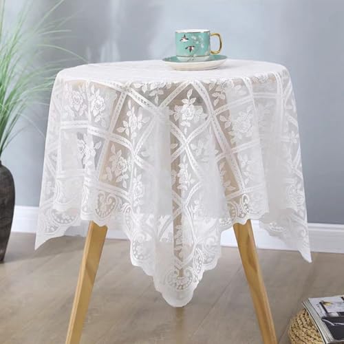 Weiße Tischdecke mit Blumenmuster für Couchtisch, quadratische Hochzeitstischdecke mit gewellten Blumenrändern, Spitzenstoff, wasserdicht, abwischbar, kleine quadratische Tischdecke, Dekoration für von Topwon