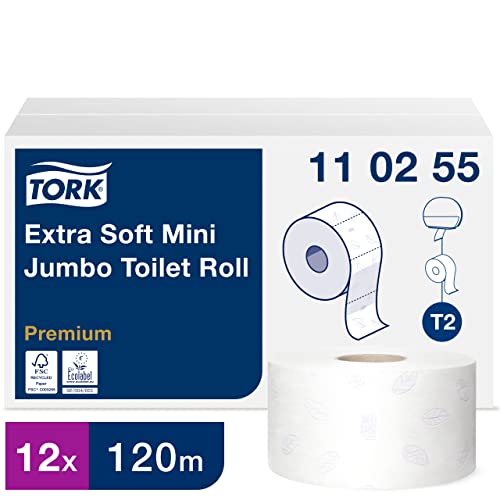 Tork 110255 extra weiches Mini Jumbo Toilettenpapier in Premium Qualität für das Tork T2 Mini Jumbo Toilettenpapiersystem / Toilettenpapier 3-lagig in Weiß, 12 x 600 Blatt von Tork