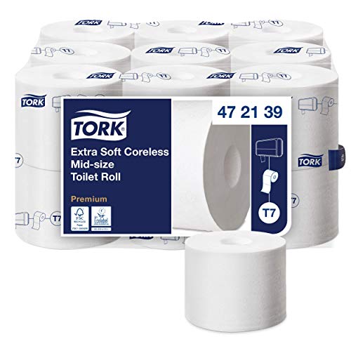 Tork 472139 extra weiches hülsenloses Midi Toilettenpapier in Premium Qualität für Tork T7 Doppelrollenspender / WC-Papier 3 lagig / hülsenlos / extra weich und reißfest, 18 x 550 Blatt von Tork