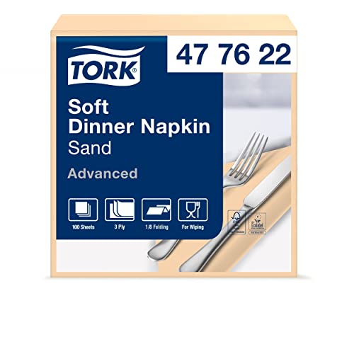 Tork 477622 Soft Dinnerservietten Sand 1/8 Falz / 3-lagige Papierservietten / Ideale Größe für ein Abendessen / Advanced Qualität / 12 x 100 (1200) vorgefaltete Servietten / 39 x 39 cm (B x L) von Tork