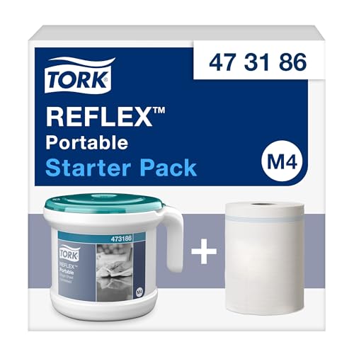 Tork Reflex Portable Starter Pack Papierhandtuch- und -spender mit Mitteneinzug, weiß und türkis M4, robustes Design, 1 Packung, 473186 + Nachfüllpackung Wischpapier (Menge von 1) von Tork