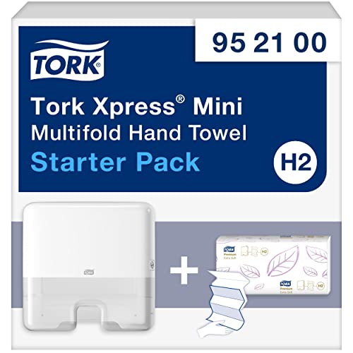 Tork Xpress Mini Spender für Multifold Papierhandtücher Starter Pack 952100, Elevation Design - Kompakter H2 Handtuchspender, Weiß für Falthandtücher + Papierhandtücher Nachfüllen (100 Blatt) von Tork