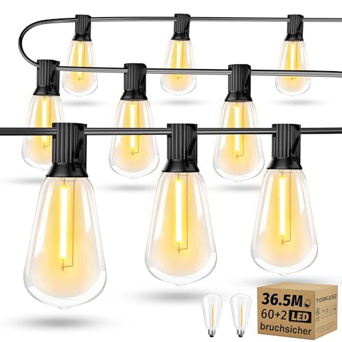 LED Lichterkette Außen Strom 36.5m - Outdoor Lichterketten 120FT mit Aussen Wetterfest 60+2 ST38 Glühbirne Warmweiß Aussenlichterkette für Balkon Garten Pavillon Terrasse Vorzelt Hochzeit von Torkase
