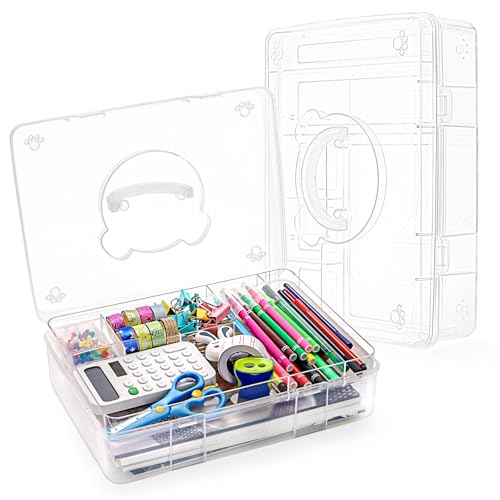 Tosnail 32,5 x 22,9 cm große 2-stöckige Kunststoff-Organizer-Box mit herausnehmbarem Tablett, Erste-Hilfe-Tragetasche für Zuhause, Bürobedarf, Schreibwaren, Nähen, Malen, Kunst (transparent) von Tosnail