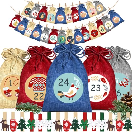Adventskalender 2024 zum befüllen Stoff Weihnachtskalender aus Holz mit 24 Stoffbeutel Groß 18 x 13 cm, 24 Weihnachtsklammern und 2 Adventskalender Sticker von Tosoda