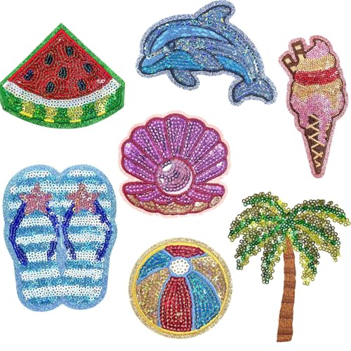 Totelux 7 Stück Sommer Bügelbilder Pailletten Kokosnussbaum Wassermelone bestickte Patches Niedliche Strandpantoffeln Delfin Aufnäher Applikationen für Kleidung Jeans Hut Hemd Taschen DIY Dekorationen von Totelux