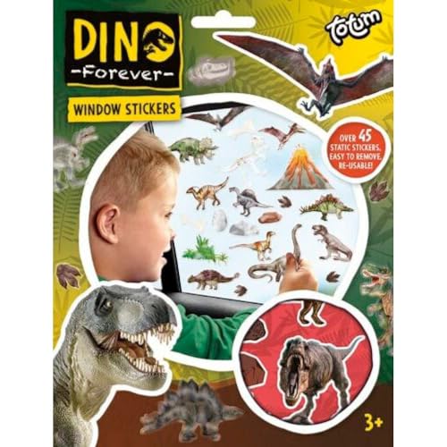 Totum Dino Fenstersticker mit über 45 wiederverwendbaren Dinosaurier Sticker und Einer Landschaftsszene für Fenster & Spiegel Deko von Totum