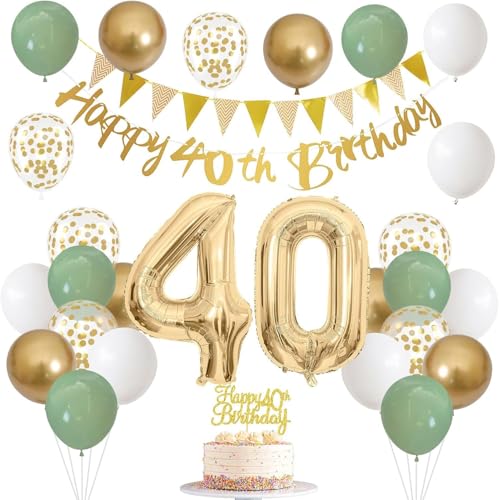 40. Geburtstag Deko Set, Deko 40. Geburtstag Frauen, Salbeigrün Gold Weiß Luftballons, Banner und Tortendeko Zahl 30 Folienballon 40. Geburtstag Deko Set, Deko 40. Geburtstag Frauen, Salbeigrün Gold Weiß Luftballons, Banner und Tortendeko Zahl 30 Folienballon von Tourima