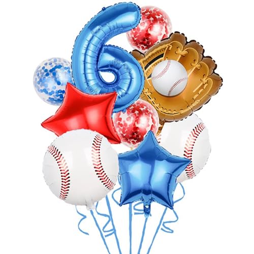 Baseball-Geburtstagsballon-Set, 9 Stück, 32inch Nummer 6 Blau, 54x50cm Baseball-Handschuh, 18cm Sterne, 12cm Konfetti-Ballons von Tourima