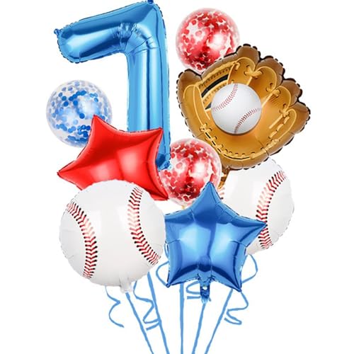 Baseball Party Ballons Set, 9-teilig mit 81cm Nummer 7 Folienballon Blau, 54x50cm Baseball-Handschuh, 30cm Konfetti-Ballons, 45cm Sternballons in Rot und Blau von Tourima