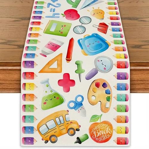 Deko Einschulung, Schultisch Tischdecke mit Niedlichen Schulmotiven, Dekorative Tischauflage(183 x 33cm),Schulanfang Deko, für Schulkind Schulanfang Schuleinführung Schulstart Party Dekoration von Tourima