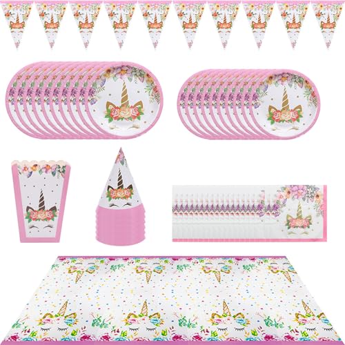 Einhorn Party Deko-Set, Pappteller, Servietten, Partyhüte, Tischdecke und Wimpelkette, Rosa und Gold Einhorn Party Deko-Set, Pappteller, Servietten, Partyhüte, Tischdecke und Wimpelkette, Rosa und Gold von Tourima