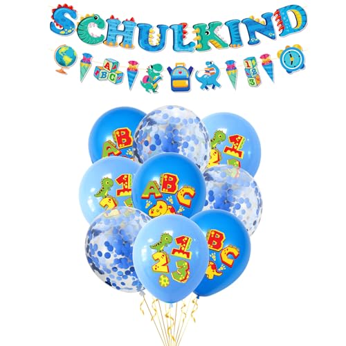 Einschulung Junge, Einschulung Deko, Blaue Dinosaurier Schulanfang Junge Deko Set, SCHULKIND Banner + 9 Luftballons 30cm mit Konfetti, Blau Schulanfang Dekorations set von Tourima