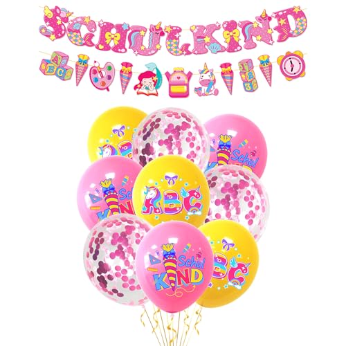 Einschulung Mädchen, Einschulung Deko, Rosa Einhorn Schulanfang Deko Mädchen Set, SCHULKIND Banner + 9 Luftballons 30cm mit Konfetti, Rosa und Gelb Schulanfang Dekorations set Einschulung Mädchen, Einschulung Deko, Rosa Einhorn Schulanfang Deko Mädchen Set, SCHULKIND Banner + 9 Luftballons 30cm mit Konfetti, Rosa und Gelb Schulanfang Dekorations set von Tourima