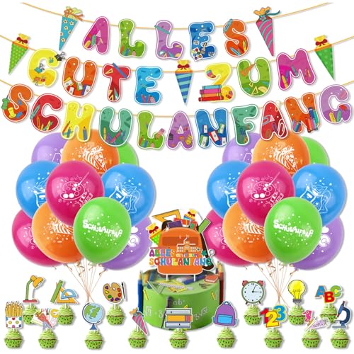 Einschulung Schulanfang Dekoration Set, Banner mit Alles Gute zum Schulanfang, 20 Luftballons, 16 Cupcake Topper, 2x10m Ballonbandm, Einschulung Deko, Deko Einschulung Einschulung Schulanfang Dekoration Set, Banner mit Alles Gute zum Schulanfang, 20 Luftballons, 16 Cupcake Topper, 2x10m Ballonbandm, Einschulung Deko, Deko Einschulung von Tourima