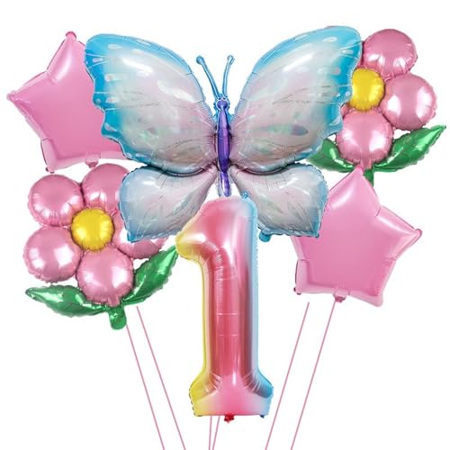 Geburtstags Ballons Set, 1. Geburtstag Mädchen, Luftballon 1. Geburtstag, Schmetterling und Blumen Design, 6-teilig, Rosa und Blau, mit 5m Band Geburtstags Ballons Set, 1. Geburtstag Mädchen, Luftballon 1. Geburtstag, Schmetterling und Blumen Design, 6-teilig, Rosa und Blau, mit 5m Band von Tourima