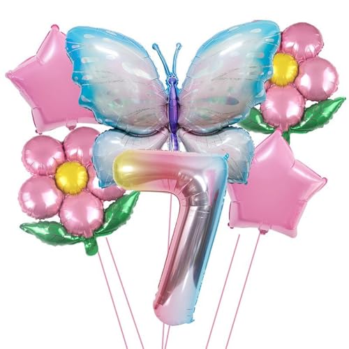 Geburtstagsballon-Set 7. Geburtstag, Schmetterling und Blumen, 6-teilig, Rosa-Blau, 40-100 cm von Tourima
