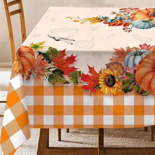 Herbst Tischdecke, Tischdecke Herbst mit Ahornblatt-Kürbis-Sonnenblumen-Muster, 140 x 90 cm, Waschbar, Orange-Weiß Kariert Herbst Tischdecke, Tischdecke Herbst mit Ahornblatt-Kürbis-Sonnenblumen-Muster, 140 x 90 cm, Waschbar, Orange-Weiß Kariert von Tourima