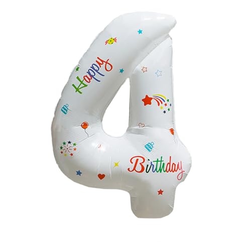 Luftballon 4, Zahlen Luftballon, 32 Zoll Weiß mit Aufdruck „Happy Birthday“ Folienballon 4, 81cm, Helium Ballon Luftballon 4 Geburtstag für 4 Jahre Geburtstagsdeko Kinder Mädchen Junge Luftballon 4, Zahlen Luftballon, 32 Zoll Weiß mit Aufdruck „Happy Birthday“ Folienballon 4, 81cm, Helium Ballon Luftballon 4 Geburtstag für 4 Jahre Geburtstagsdeko Kinder Mädchen Junge von Tourima