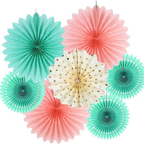 Papierfächer Deko Set, Mint & Rosa & Gold, 7 Stück, 20-35cm, für Party und Hochzeit. Papierblumen. Papierblumen Deko von Tourima