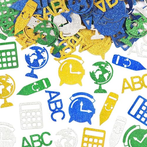 Schul-Konfetti Dekoration Set, 200 Stück, Glitzer-Design mit ABC, Globus, Taschenrechner, Uhr, Mehrfarbig Schul-Konfetti Dekoration Set, 200 Stück, Glitzer-Design mit ABC, Globus, Taschenrechner, Uhr, Mehrfarbig von Tourima