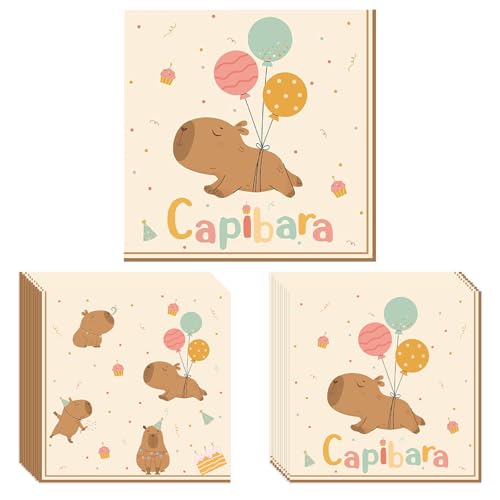 Tourima 20 Stück Capybara Geburtstag Deko Servietten, 33X33CM Capybara Sachen Servietten für Kindergeburtstag Deko, Kapibara Gedruckt Happy Birthday Ballon von Tourima