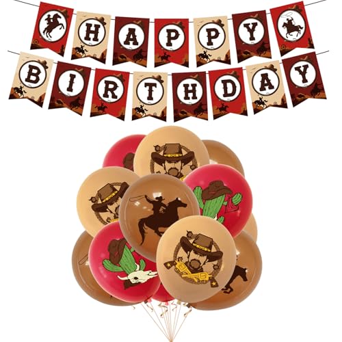 Tourima Happy Birthday Western Deko Set – Cowboy Kinder Geburtstag Party Deko mit 12 Luftballons Braun & Rot, Pferde Luftballons Kindergeburtstag, Wilder Westen Rodeo Cowboy Deko, Banner & Balloons von Tourima