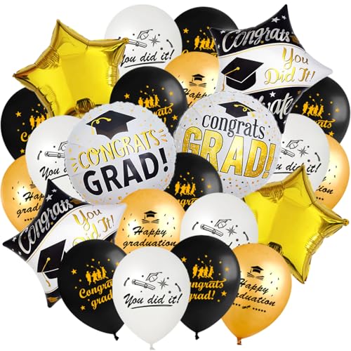 Tourima Graduation Deko, Abschlussfeier Deko 2025 Luftballons Set mit Folienballons und Latex-Luftballons, Graduation Deko, Schwarz-Gold-Weiß, Congrats Abschluss Dekoration von Tourima