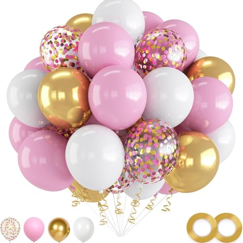 Tourima Luftballon-Set, 30 Luftballons Rosa Weiß Gold, 25cm, mit Konfetti-Ballons und Bändern Luftballons Geburtstag Mädchen Frauen Taufe Baby Shower Party Deko von Tourima
