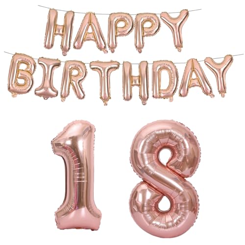 Tourima Roségold Happy Birthday Ballon Deko 18. Geburtstag Mädchen Junge, 16 Zoll Luftballon 18 Deko Luftballon und 40 Zoll Nummer 18. Geburtstag Deko,18 Luftballon Banner Girlande Party Deko von Tourima