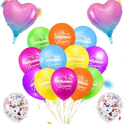 Tourima Willkommen Zuhause Luftballons Set, 12 Bunte Latexballons, 2 Folienherzen, 2 Konfetti-Ballons, Welcome Back Decoration, Welcome Home Deko for Family Party Housewarming von Tourima