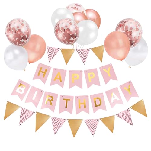 17 Stück Rose Gold Happy Birthday Dekorationen - Komplettes Partyzubehör-Set mit Banner, Luftballons, Dreiecksflaggen-Wimpelkette, Konfetti-Latexballons von Tovbmup