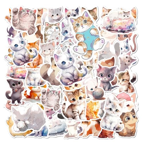 50 Stück Wasserfarben Katze Aufkleber,Tiere Sticker Set,Niedliche Katze Aufkleber,Vinyl Wasserdicht Aesthetic Aufkleber für Laptop Telefon Gitarre Skateboard Motorrad Fahrrad von Tovbmup