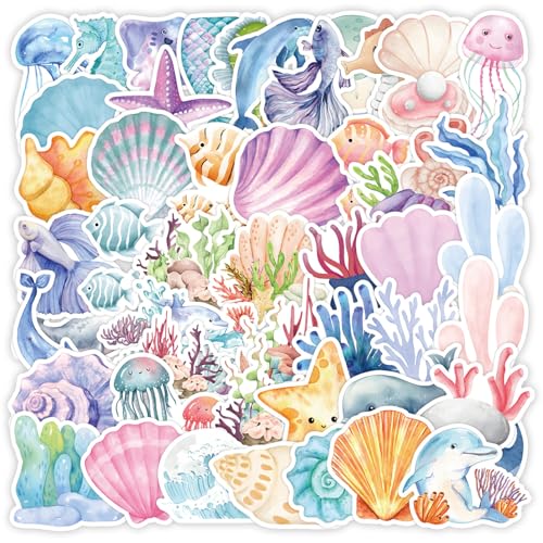 Meerestiere Sticker Set, 50 Stück Bunte Fische Marine Muscheln Aufkleber für Laptop, Koffer Fahrrad Meereswelt Vinyl Stickers Wasserdicht Ästhetisch Aufkleber für Jugendliche Kinder Erwachsene von Tovbmup