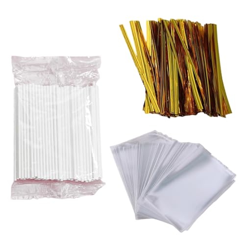 Tovbmup 300 Stück Cake Pop Stiele Set, 100 Stück 10 cm Stiele für Cake Pops aus Papier, 100 Stück Paketsäcke und 100 Stück Krawatten Verdrehen für Cakepop, Lollipop und Hartbonbon. von Tovbmup