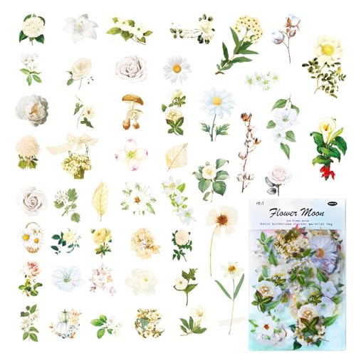 Transparente weiße Blumenaufkleber (100 Stück) – 100 Stück Blumen-Scrapbook-Aufkleber, DIY-Blumenaufkleber-Set, Planer, Tagebuch, Fotoalbum, Karte, Blumendekorationsaufkleber von Tovbmup