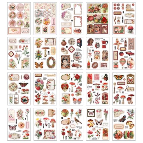 Vintage-Aufkleberbuch aus Tier- und Pflanzenmaterialien (20 Blatt) – 20 Scrapbook-Aufkleber, Musteraufkleber, selbstklebende Aufkleber mit Pflanzenmuster, ästhetische Aufkleber im Retro-Stil von Tovbmup